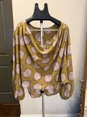 Free People Olive Floral Cowl Back Blouse Small Boho Balloon Sleeve Top